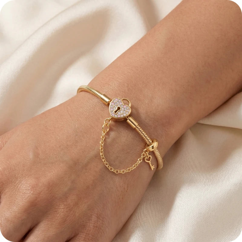Pulseira para Berloques Coração Cadeado em Prata 925