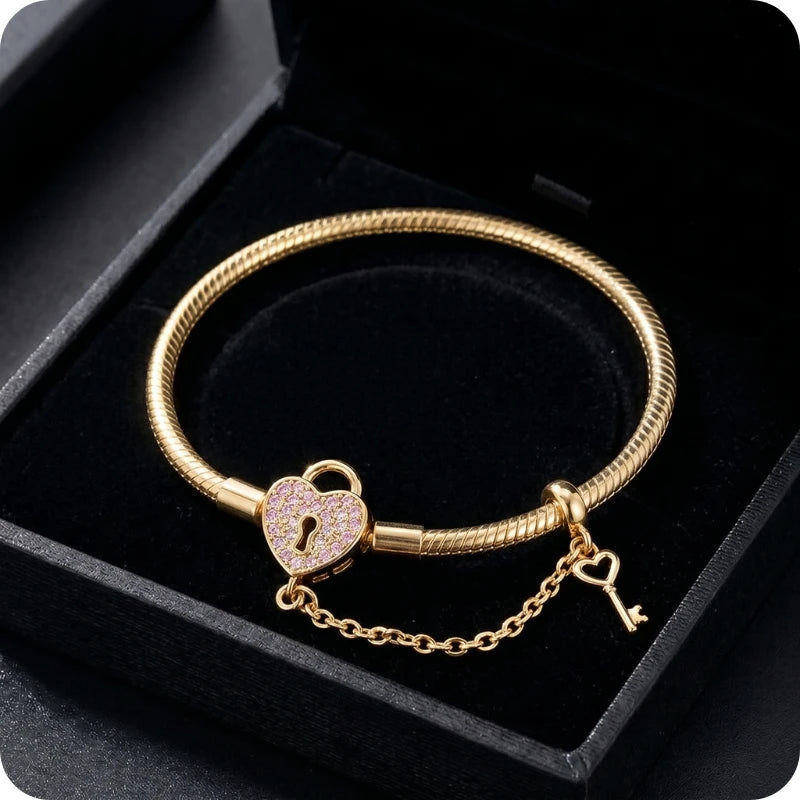 Pulseira para Berloques Coração Cadeado em Prata 925